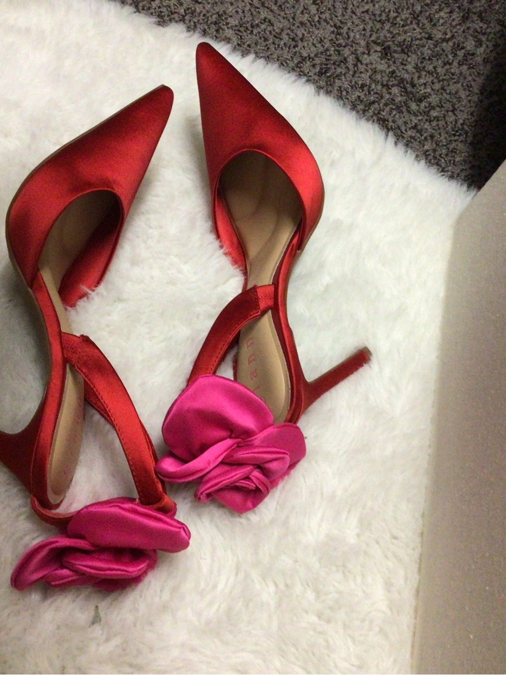 Gianni Bini Red Satin Pointed-Toe Heels with Pink Floral Ankle Accent - Picture 5 of 5